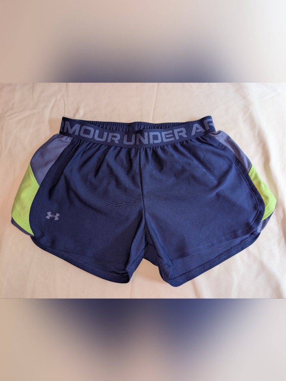 Under Armour Women's Purple And Green Athletic Shorts with Branded Waistband